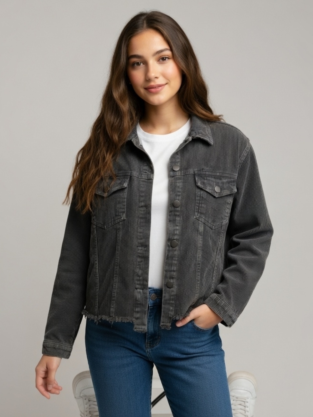 Women’s Washed Charcoal Corduroy Jean Jacket